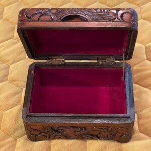 Carved Trinket Box-dark wood w/red felt